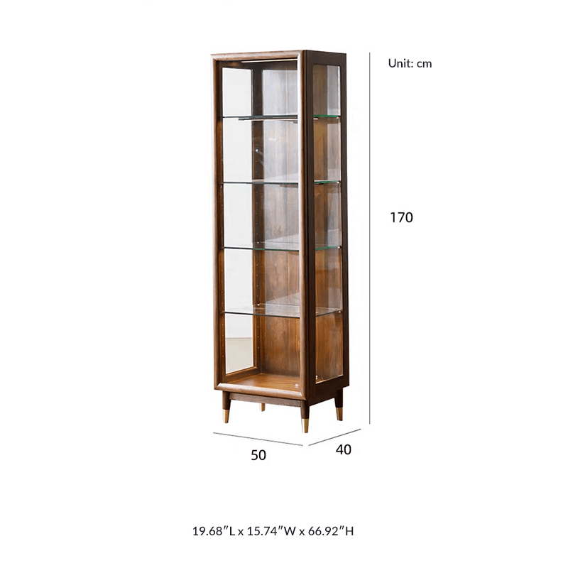 Side angle of display cabinet showing slim walnut frame and clear glass door