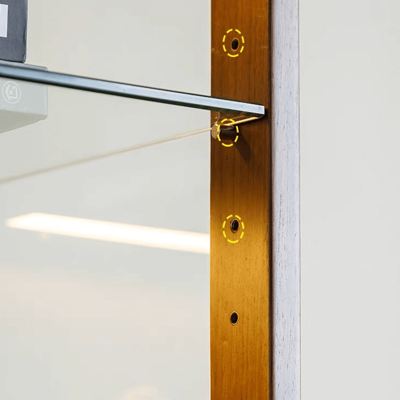 Close-up of shelf detailing in modern walnut storage cabinet for home use