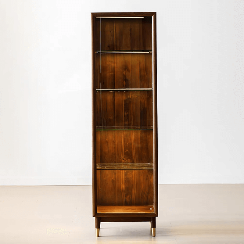 Close-up of shelf detailing in modern walnut storage cabinet for home use