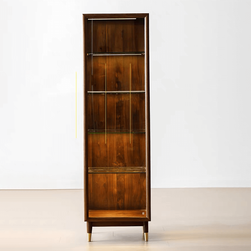 Side angle of display cabinet showing slim walnut frame and clear glass door