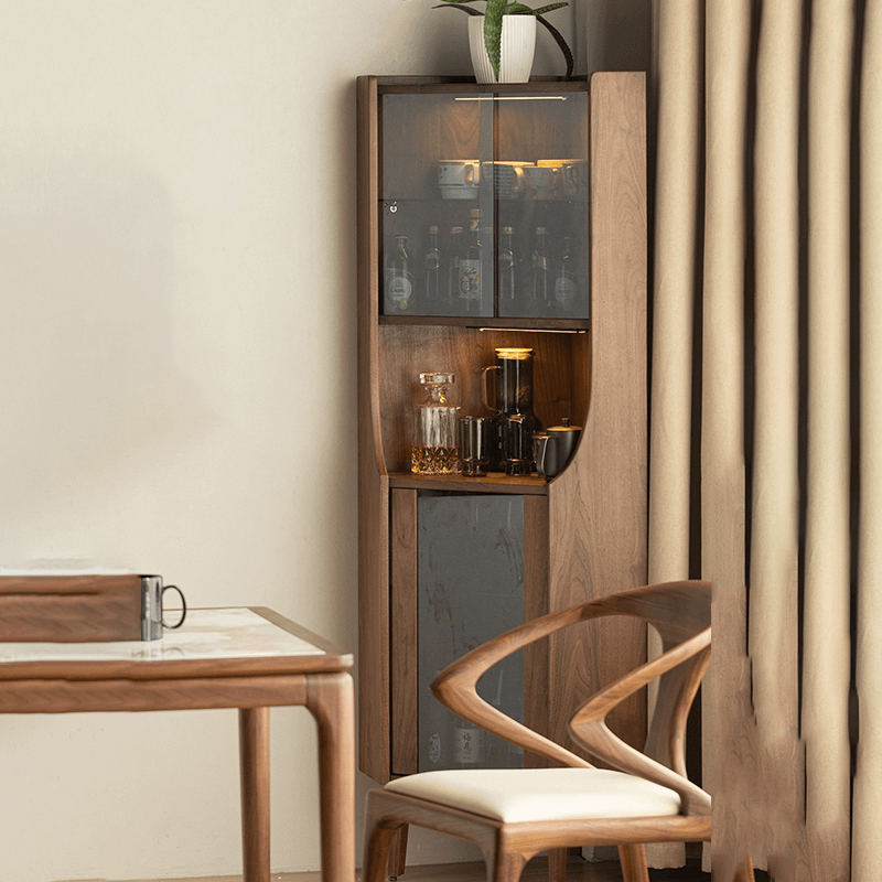 Front view of stylish wine cabinet for home with walnut finish and glass accents.