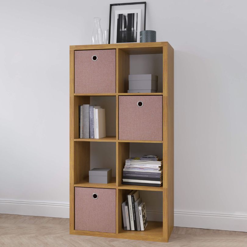 Contemporary walnut wood 8-cube storage organizer showcasing books and decorative items.