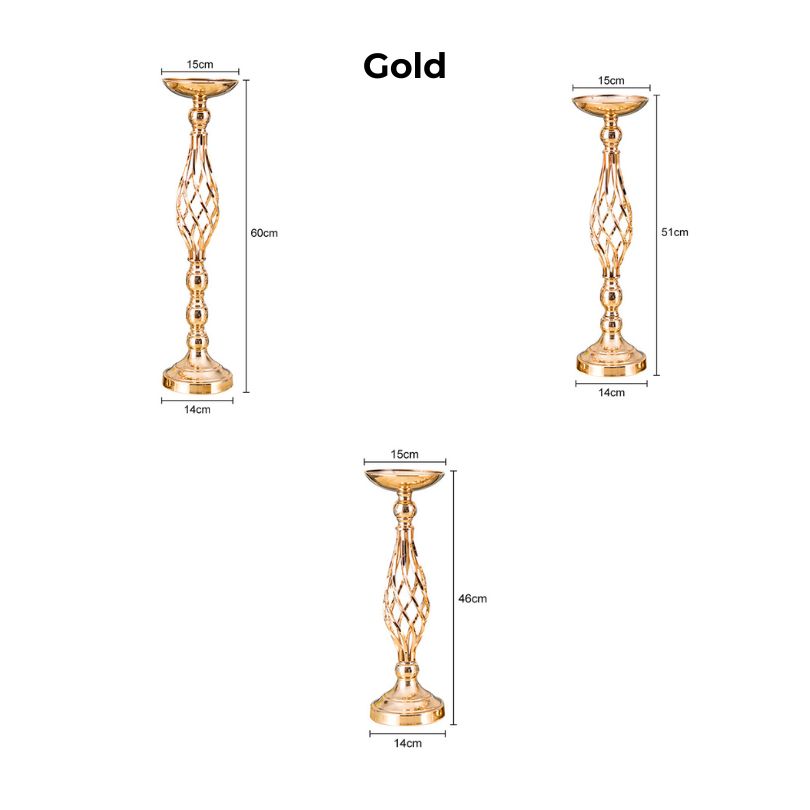 Three sizes of the metal flower holder arranged together, highlighting versatility for events.