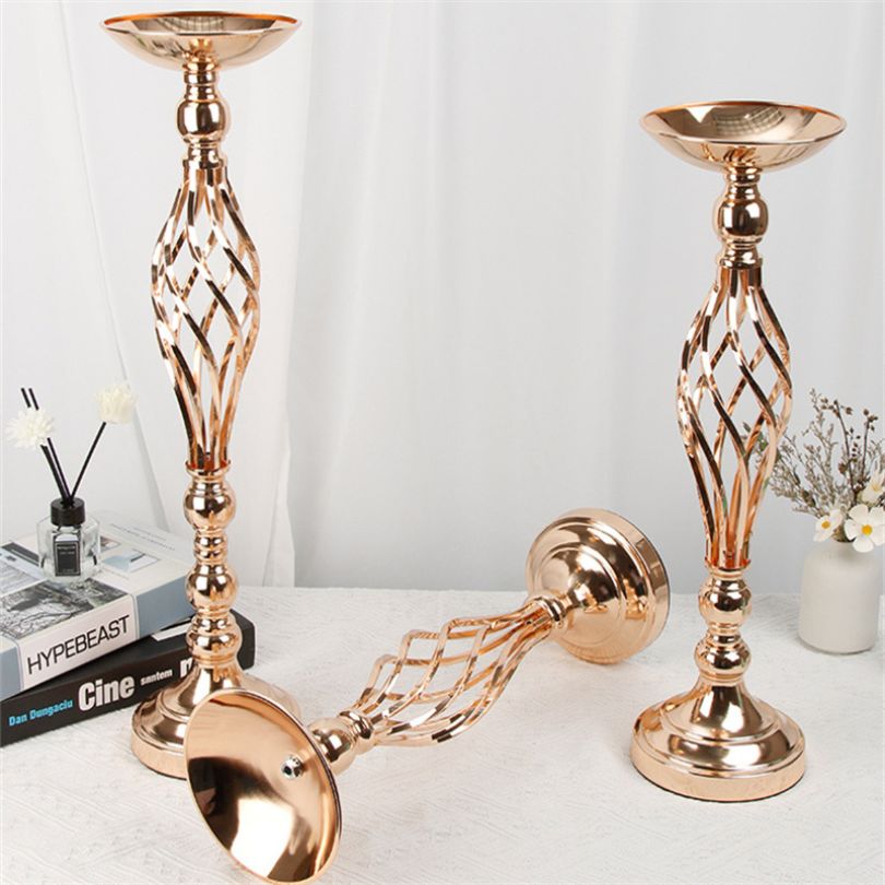 Three sizes of the metal flower holder arranged together, highlighting versatility for events.