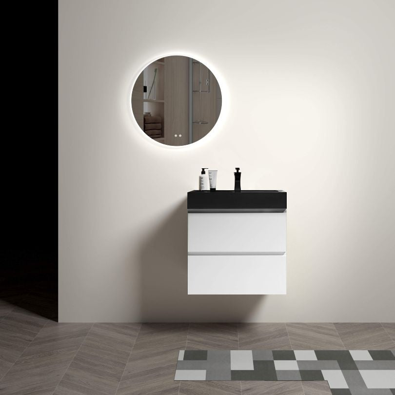 Elegant view of the 24-inch floating vanity showcasing its sleek black ceramic sink.