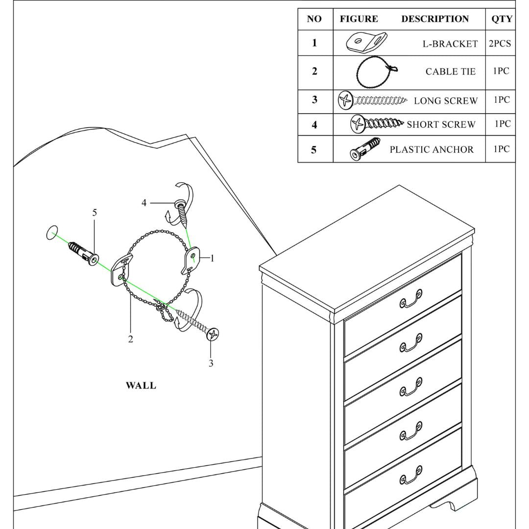 Front view of the sleek modern white chest of drawers showcasing its five spacious drawers.