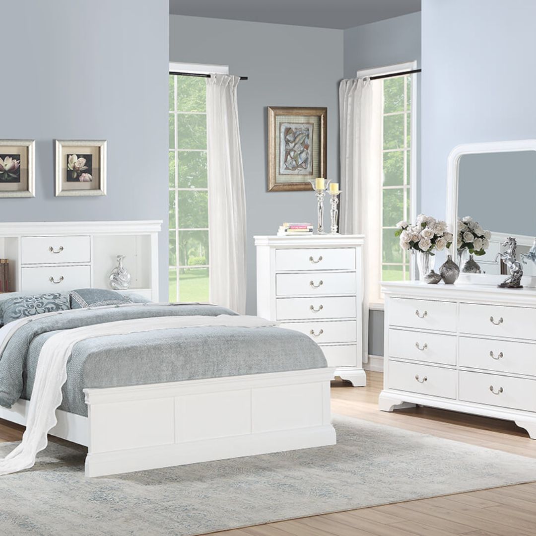 Close-up of the modern dresser with 5 drawers, emphasizing the smooth drawer handles and sleek design.
