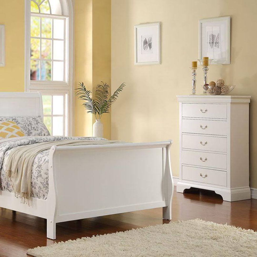 Side angle of the modern dresser highlighting its clean lines and elegant white finish.