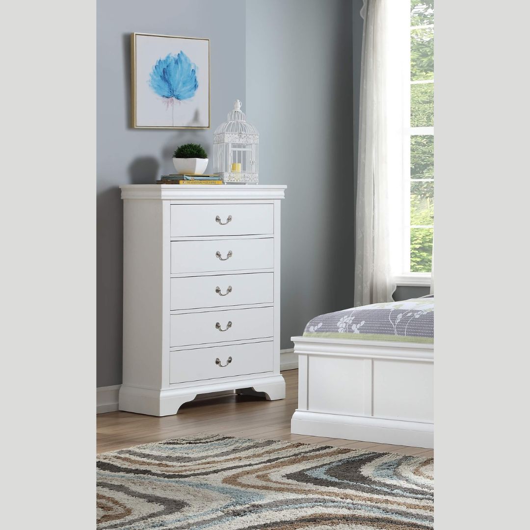 Close-up of the modern dresser with 5 drawers, emphasizing the smooth drawer handles and sleek design.
