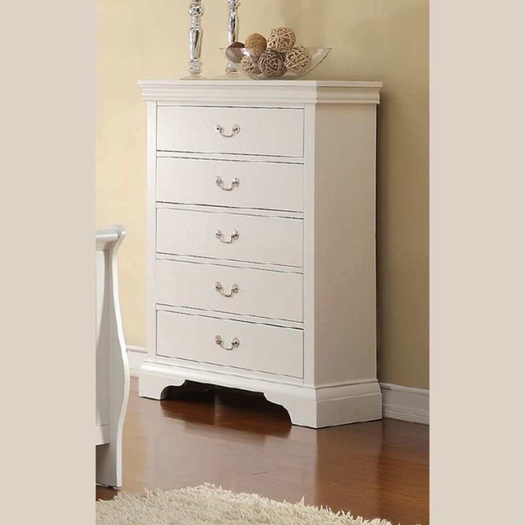 Side angle of the modern dresser highlighting its clean lines and elegant white finish.