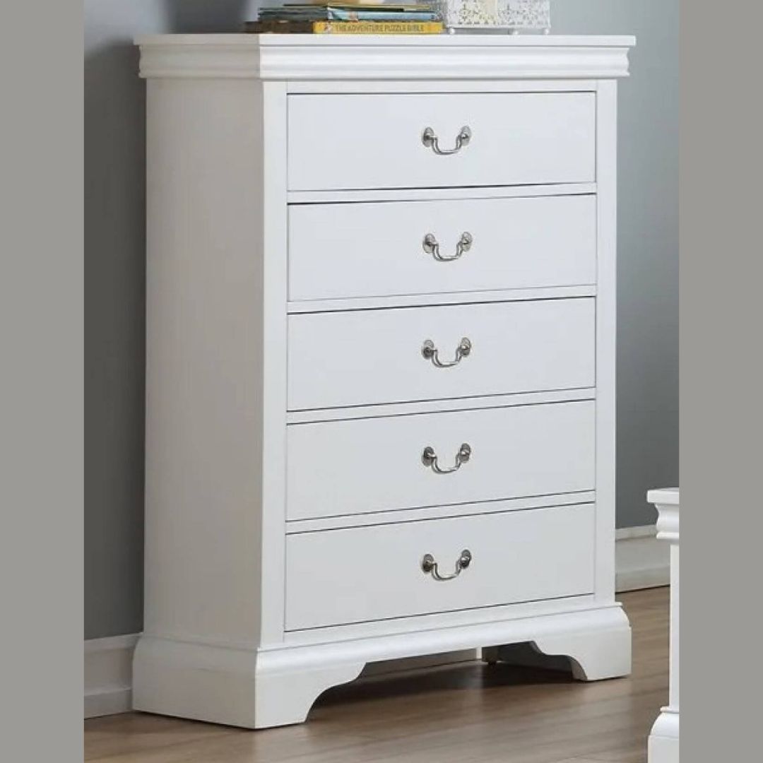 Front view of the sleek modern white chest of drawers showcasing its five spacious drawers.