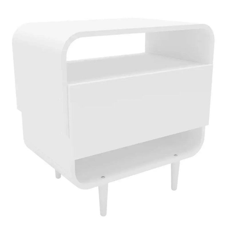 Chic modern white nightstand showcasing drawer and shelves from a side angle.