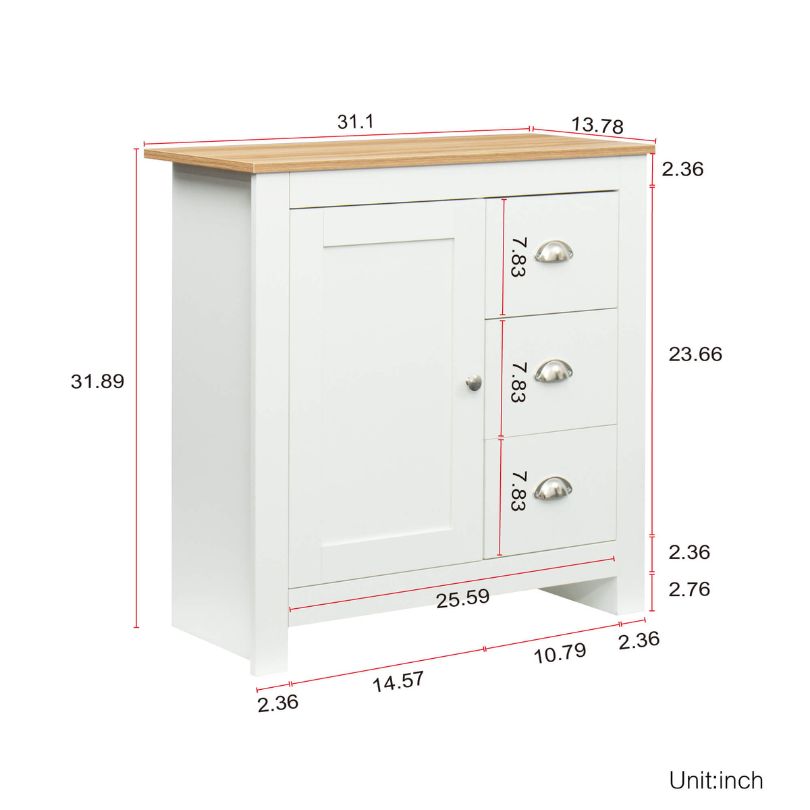 Front view of the glossy white kitchen cupboard with three drawers and side cabinet for multipurpose storage