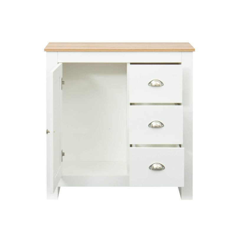 Front view of the glossy white kitchen cupboard with three drawers and side cabinet for multipurpose storage