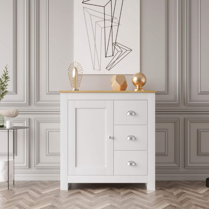 Front view of the glossy white kitchen cupboard with three drawers and side cabinet for multipurpose storage
