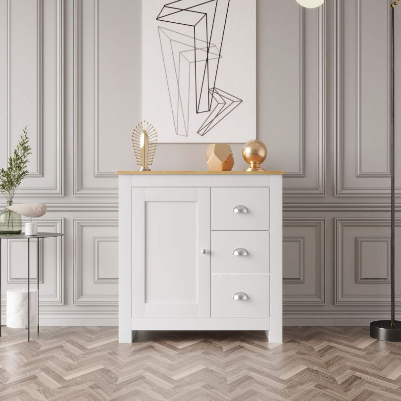 Angle shot of buffet table showing clean lines, white gloss finish, and spacious storage capacity for modern kitchens