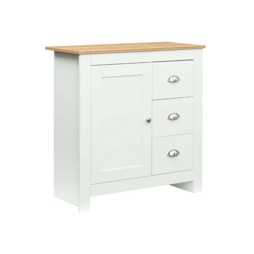 Angle shot of buffet table showing clean lines, white gloss finish, and spacious storage capacity for modern kitchens