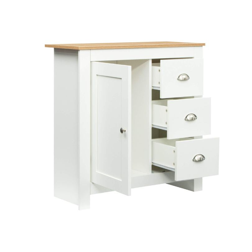 Styled kitchen setup featuring sideboard cabinet used for buffet serving and utensil storage in open dining space