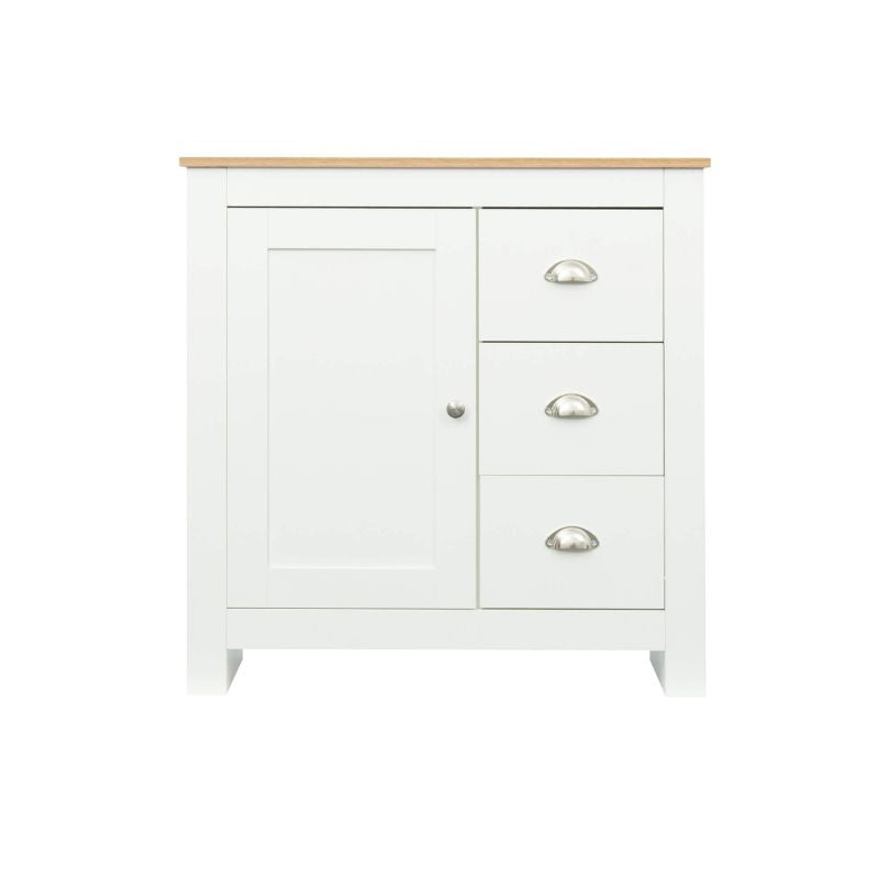 Styled kitchen setup featuring sideboard cabinet used for buffet serving and utensil storage in open dining space