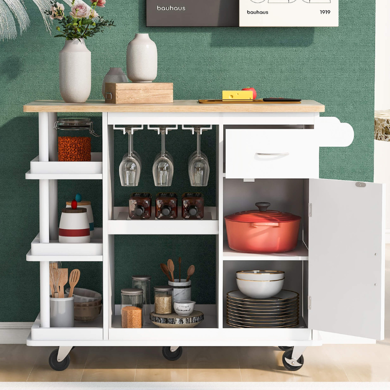 Elegant white kitchen island with storage shelves for kitchen organization.