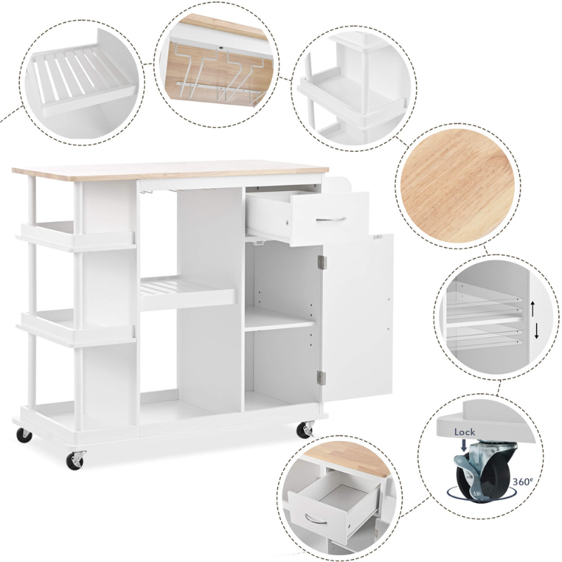Mobile kitchen cart with wheels, ideal for flexible kitchen layouts.
