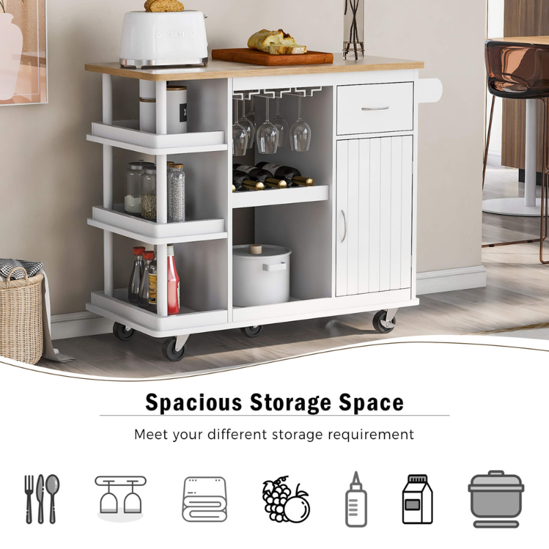 Close-up of the wine glass holder on a stylish white kitchen cart.