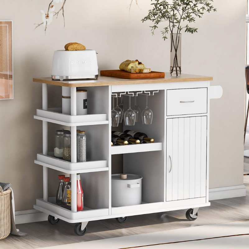 Elegant white kitchen island with storage shelves for kitchen organization.