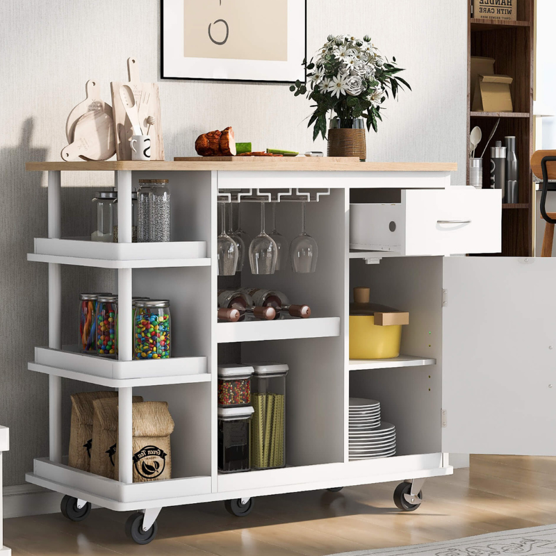 Close-up of the wine glass holder on a stylish white kitchen cart.