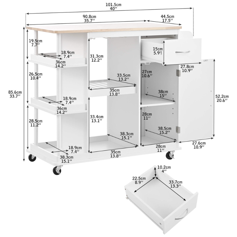 Elegant white kitchen island with storage shelves for kitchen organization.