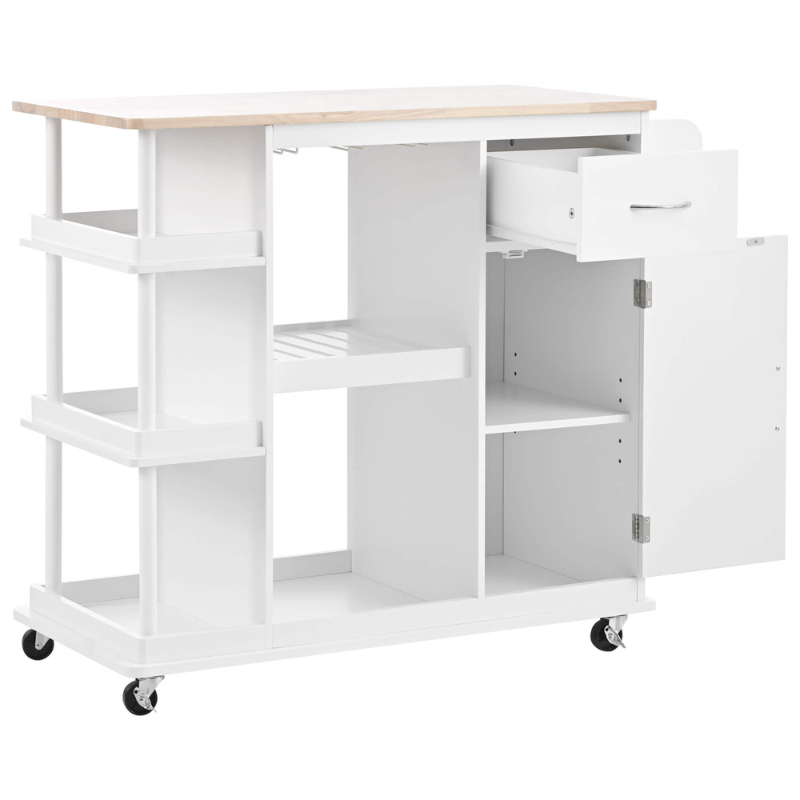 Close-up of the wine glass holder on a stylish white kitchen cart.