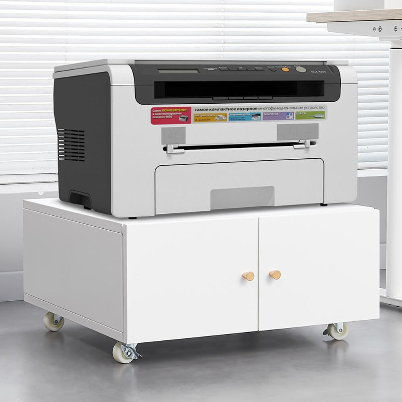 Mobile office cabinet positioned under desk with printer on top, showcasing compact design