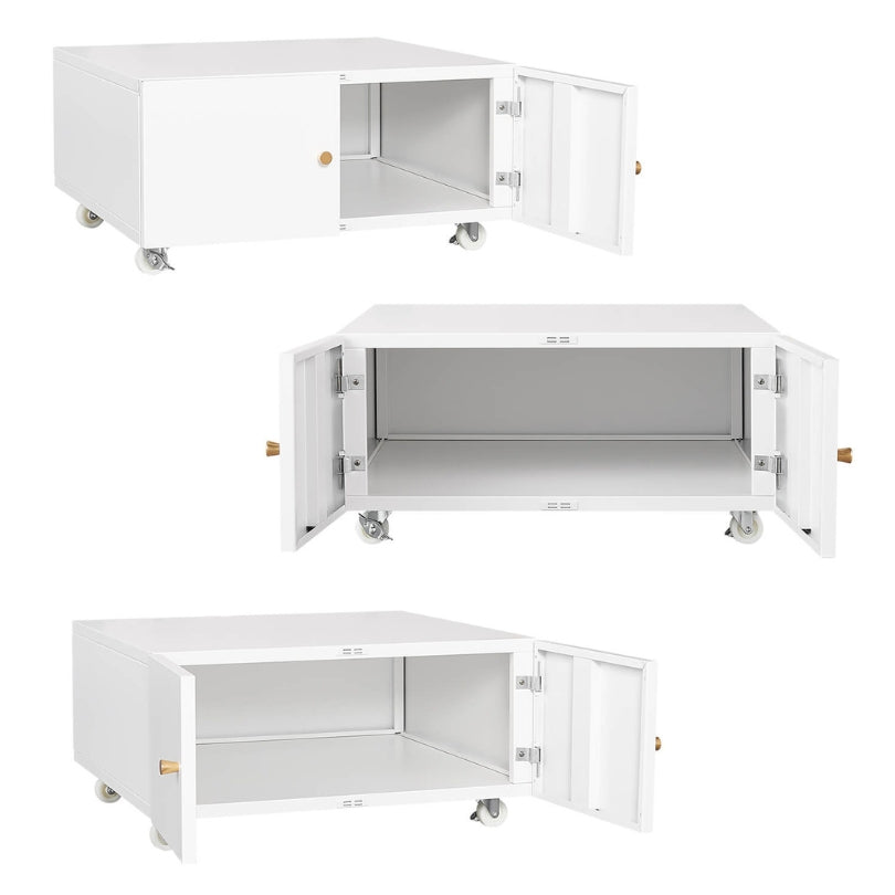 Angled view of the metal office cabinet with printer display in a modern workspace