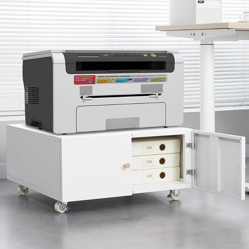 Angled view of the metal office cabinet with printer display in a modern workspace