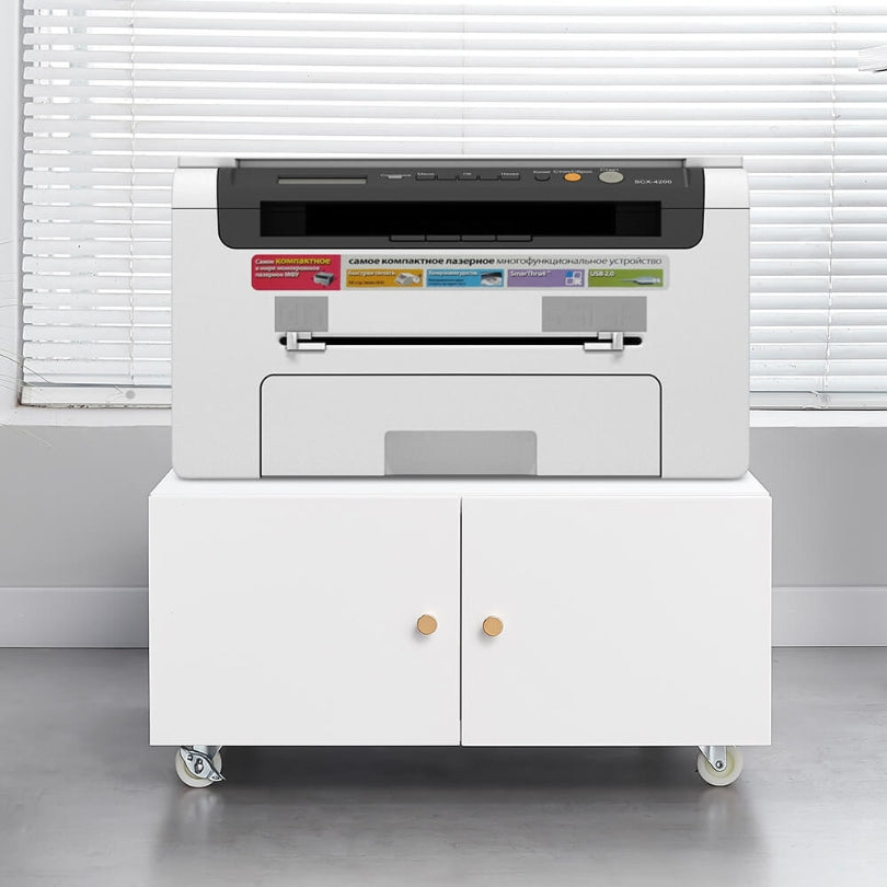 Angled view of the metal office cabinet with printer display in a modern workspace