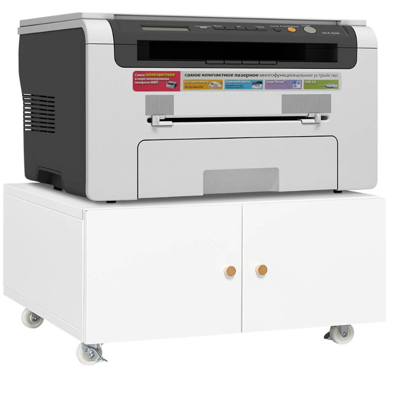 Angled view of the metal office cabinet with printer display in a modern workspace