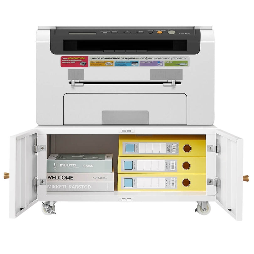 Mobile office cabinet positioned under desk with printer on top, showcasing compact design