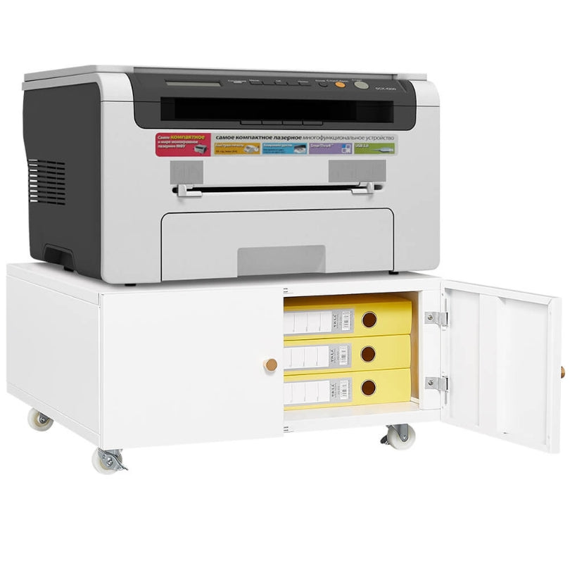 Mobile office cabinet positioned under desk with printer on top, showcasing compact design