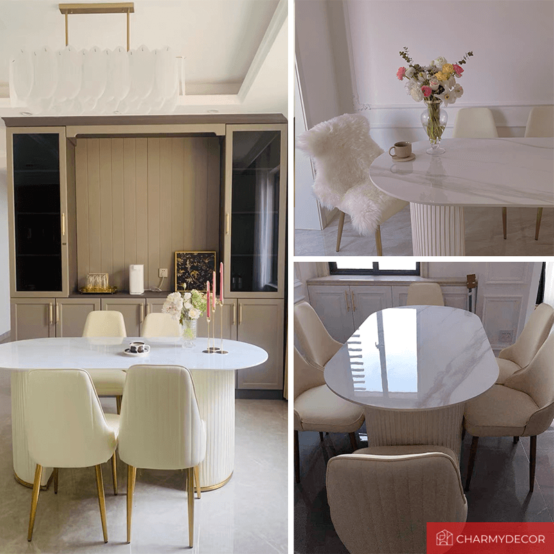 Dining area featuring the modern oval marble dining table with stylish decor.