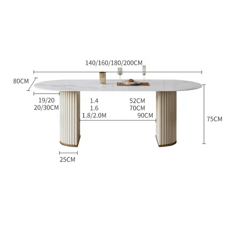 Close-up of the oval marble dining tables elegant veining and sturdy cylindrical legs.