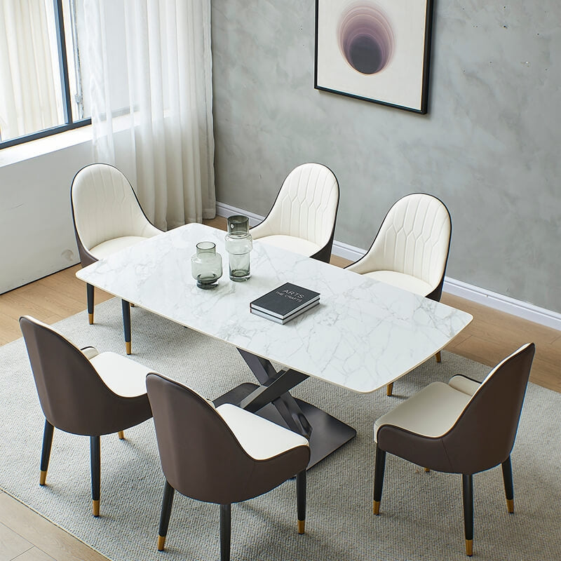 Modern dining set featuring a sleek rectangular table and comfortable chairs