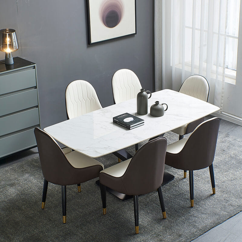 Modern dining set featuring a sleek rectangular table and comfortable chairs