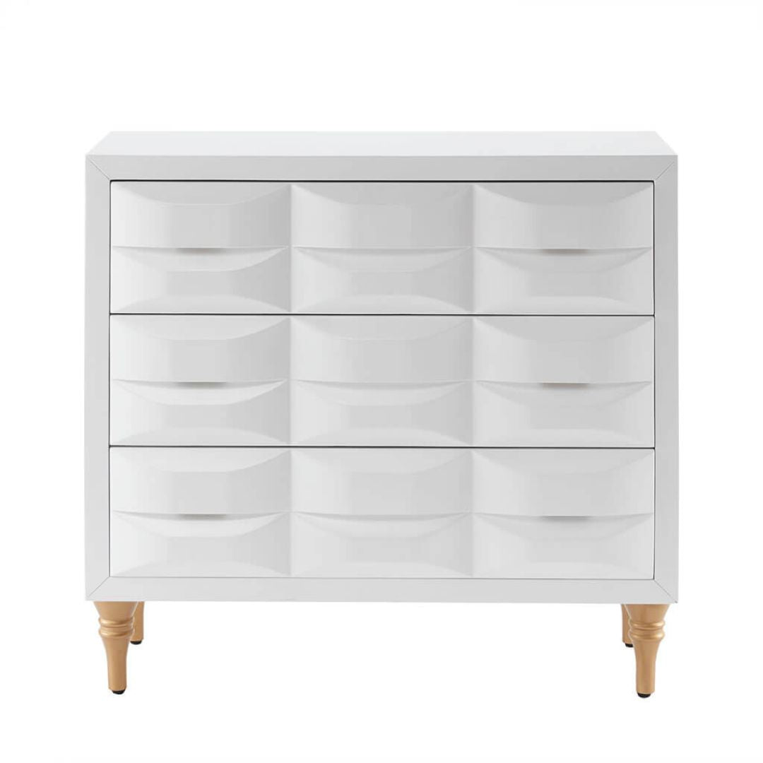 Side profile of white storage chest placed beside a bed, demonstrating stylish living room storage solution