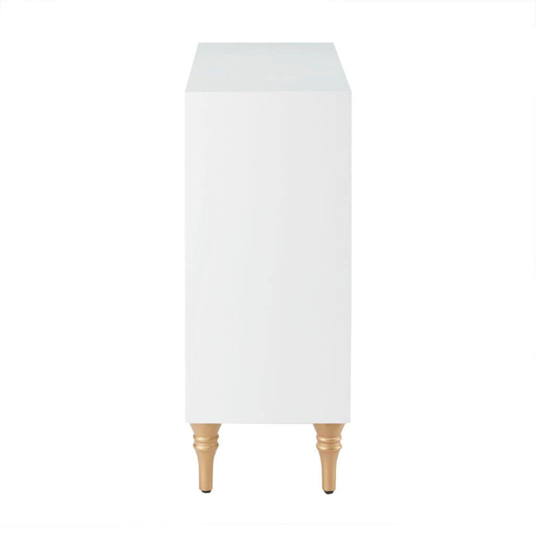 Side profile of white storage chest placed beside a bed, demonstrating stylish living room storage solution