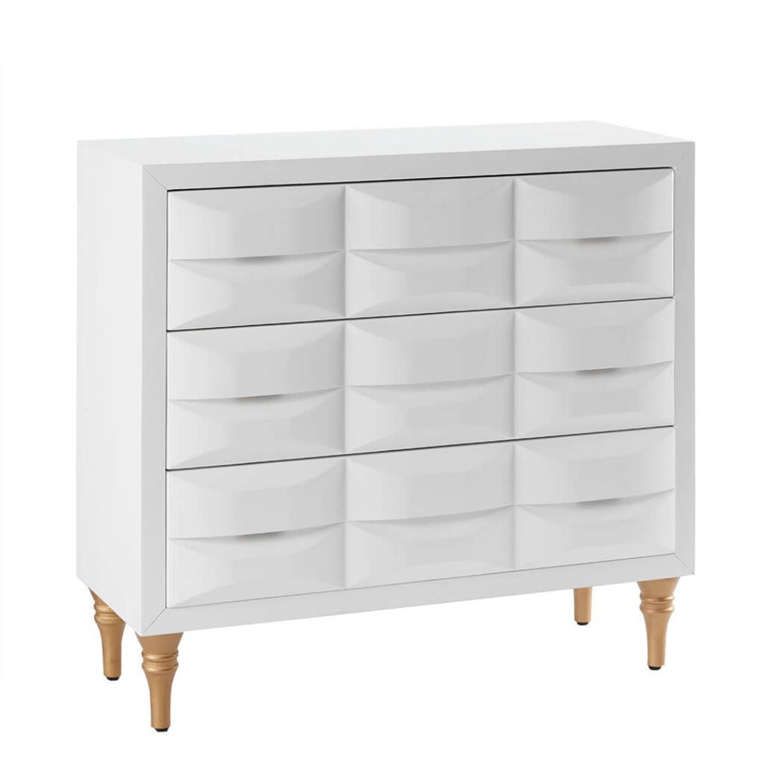 Close-up of drawer handles and glossy white surface, ideal for showcasing best white storage chest for bedroom