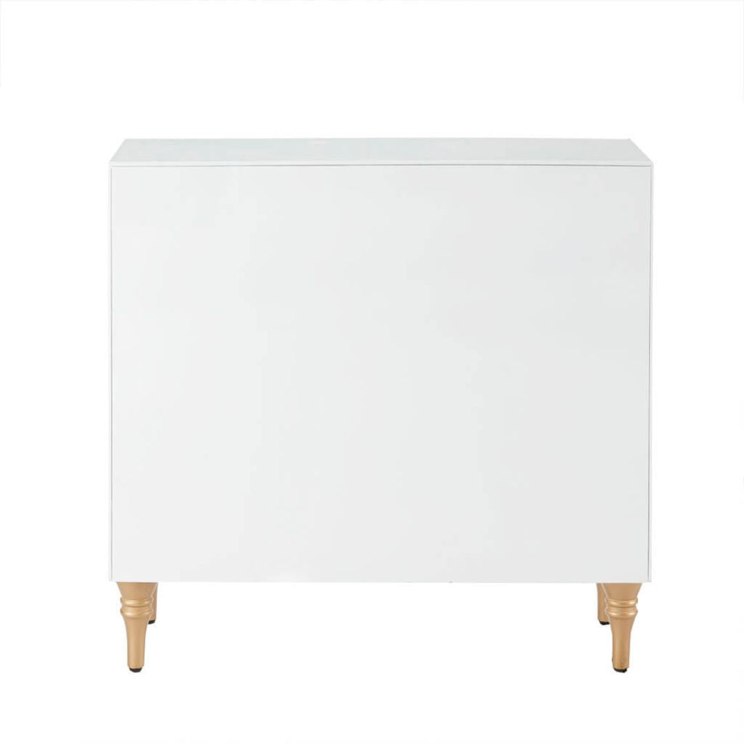 Close-up of drawer handles and glossy white surface, ideal for showcasing best white storage chest for bedroom