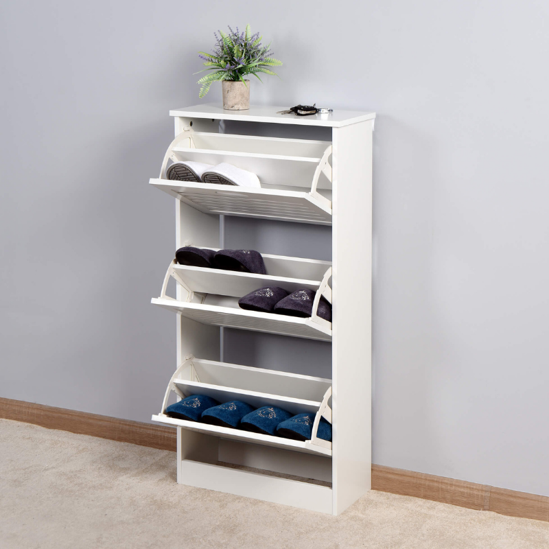 Front view of the modern white shoe cabinet showcasing three flip doors and storage capacity.