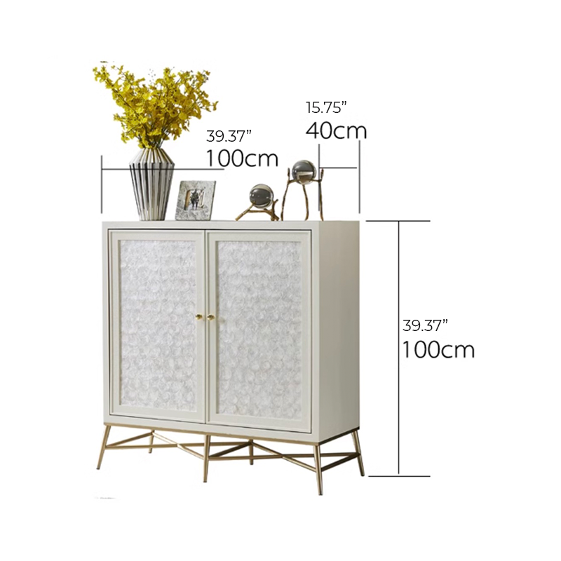 Three-door Nordeluxe white shoe cabinet showcasing adjustable shelving and gold legs
