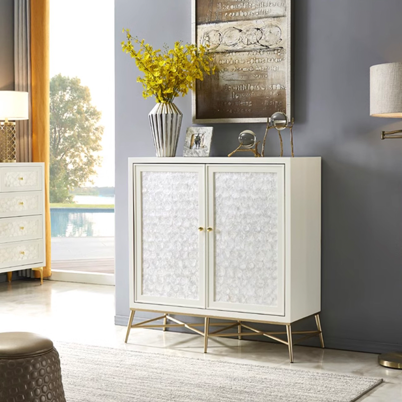 Three-door Nordeluxe white shoe cabinet showcasing adjustable shelving and gold legs