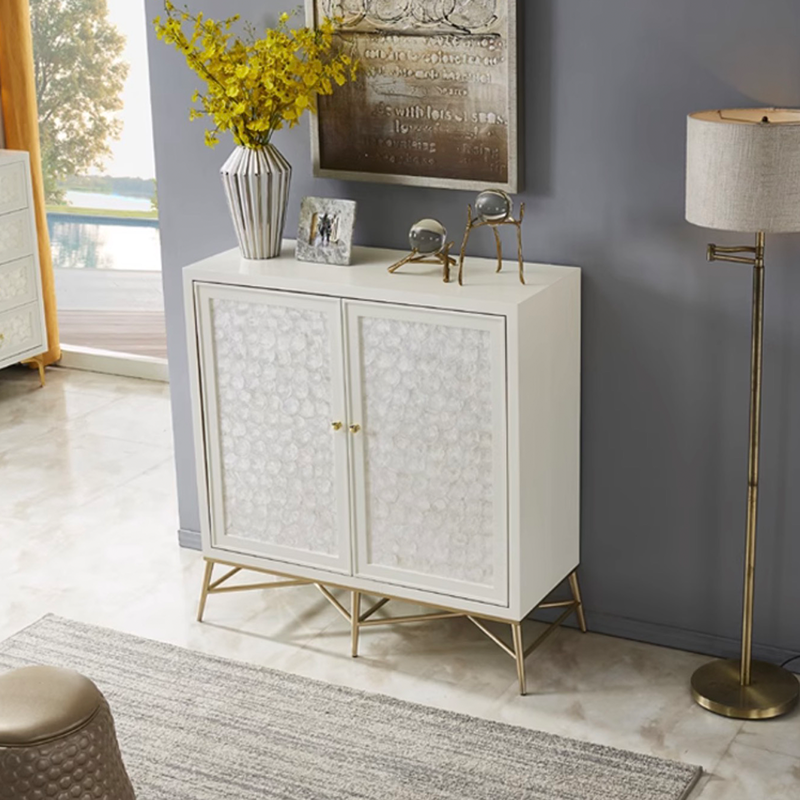 Close-up of modern furniture details, including white finish and stainless steel accents