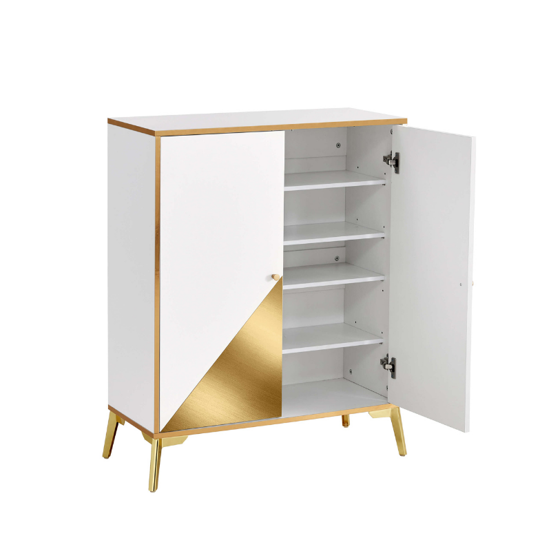 Close-up of the adjustable shelves inside the shoe cabinet, highlighting its versatile storage solutions.